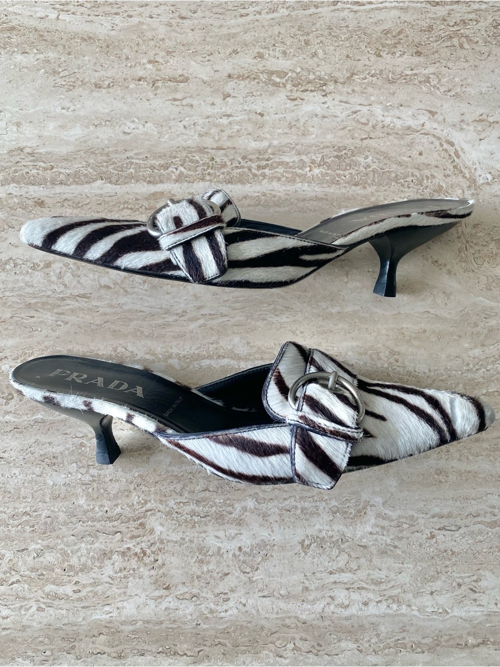 Vintage Prada Zebra Pony Hair Buckle Mule Heels - Picture 3 of 10
